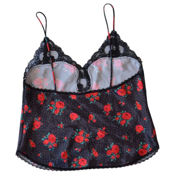 Black Floral Lace Cami Top Medium – Satin Rose Print Spaghetti Strap Tank - Picture 4 of 6